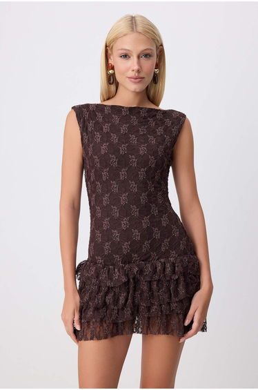 Brown Plain Skater Boat Neck Flounced/Ruffled Mini Lace Lined Knitted Dress