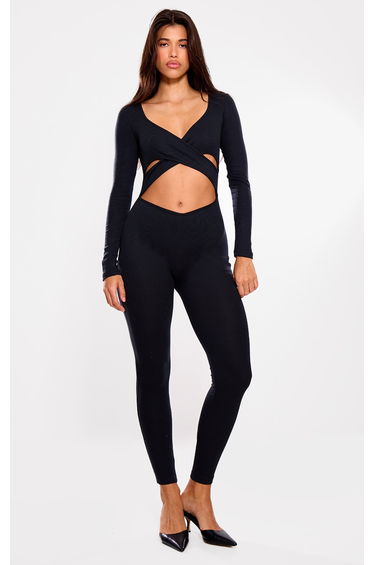 Black Rib Cross Over Long Sleeved Jumpsuit