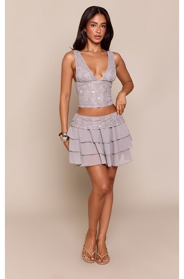 Petite Grey Sequin Lace Waistband Ruffle Skirt Co-ord