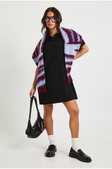 Petite Collared Button Down Oversized Knitted Dress - black