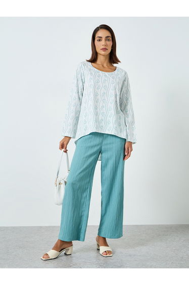 Women Printed Long Sleeve Top and Textured Pants Co-Ords