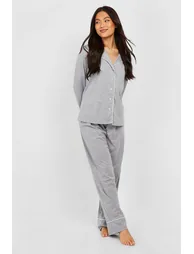 Long Sleeve Button Through Jersey PJ Set - grey marl