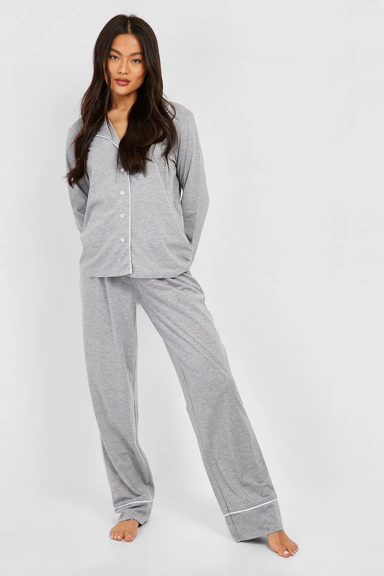 Long Sleeve Button Through Jersey PJ Set - grey marl - 2