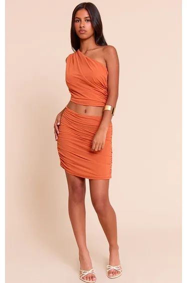 Petite Orange Chiffon Ruched Mini Skirt