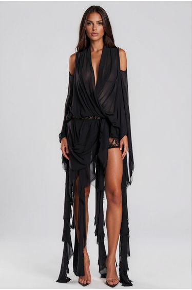 Raven Chiffon Fringe Skirt Set