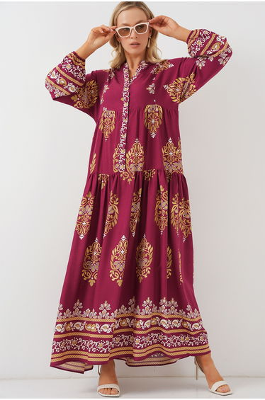 BDART Patterned V-Neck Maxi Dress with Button Closure