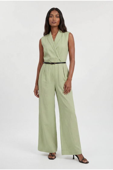 Premium Viscose Linen Tailored Belted Wide Leg Jumpsuit