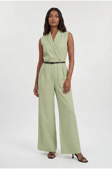 Premium Viscose Linen Tailored Belted Wide Leg Jumpsuit
