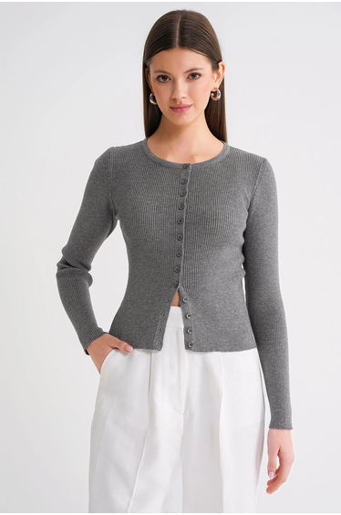Mixray Buttoned Slim Fit Ribbed Knit Cardigan