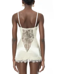 Juliette White Satin Mini Dress with Lace Panels - 1
