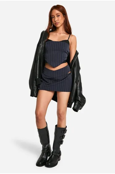 Pinstripe Cut Out Side Straight Mini Skirt