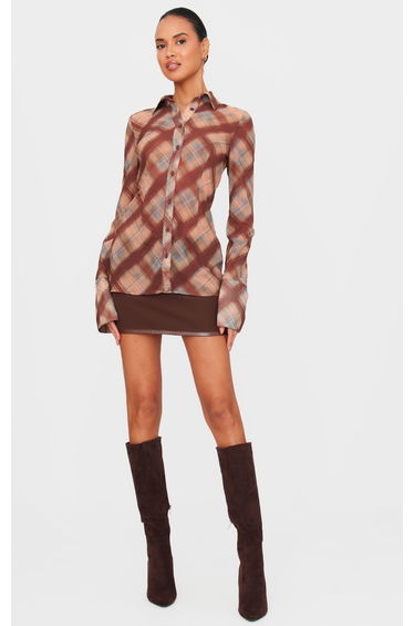 Brown Check Print Chiffon Fitted Shirt