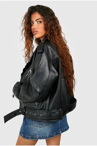 Petite Faux Leather Oversized Biker Jacket - black