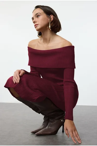 Claret Red Plain Midi Midi Basic Carmen Collar Knit Dress