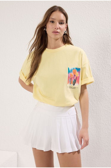 Light Yellow 100% Cotton Oversize/Wide Pattern Front Back Printed Knitted T-Shirt