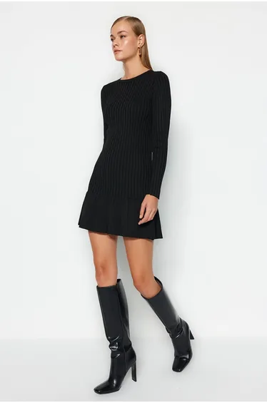 Black Mini Sweater Crew Neck Dress