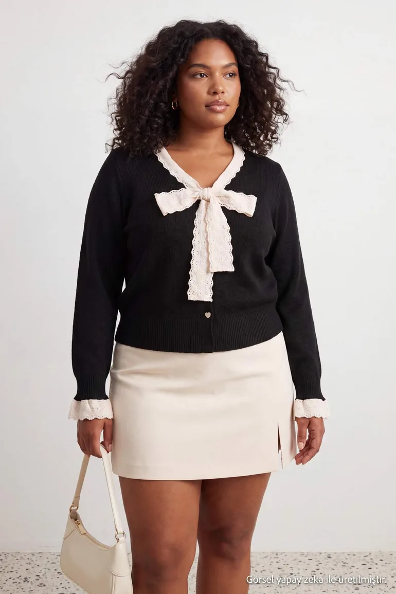Black Crop Lace Embellished Ribbon/ Bow Detailed Knitwear Cardigan
