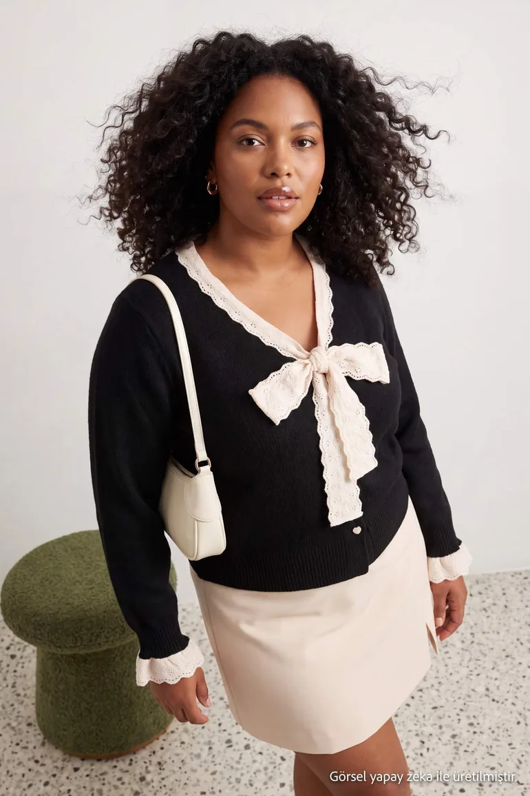 Black Crop Lace Embellished Ribbon/ Bow Detailed Knitwear Cardigan - 4