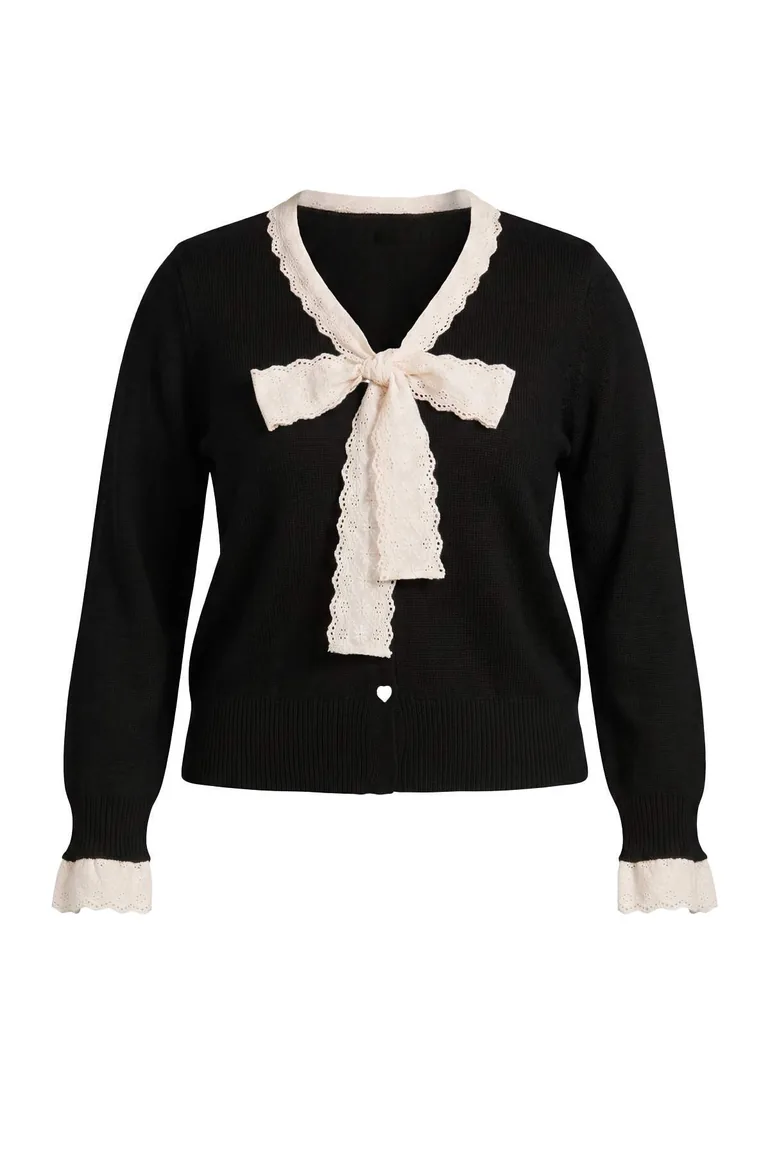Black Crop Lace Embellished Ribbon/ Bow Detailed Knitwear Cardigan - 1