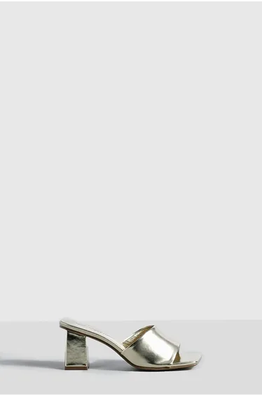 Metallic Low Block Heeled Mules - gold