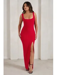 Madeline | Red Sleeveless Thigh Split Maxi Dress - 3