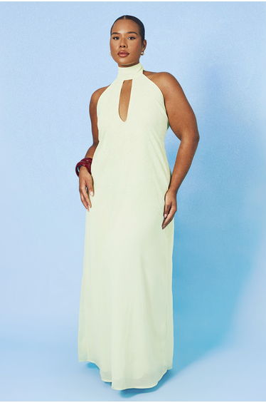 Plus Plunge Halterneck Chiffon Maxi Dress - lemon