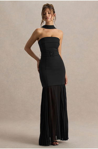 Jaquetta | Black Belted Maxi Dress With Pleated Chiffon Skirt