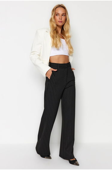 Black Striped Straight Fit High Waist Knitted Pants