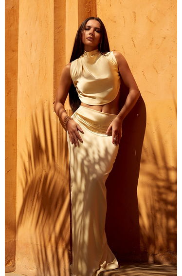 Butter Cream Satin Mid Rise Maxi Skirt