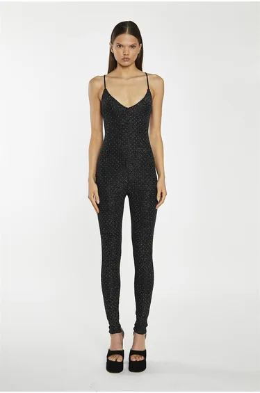 Black Silver Rhinestuds V-Neck Jumpsuit