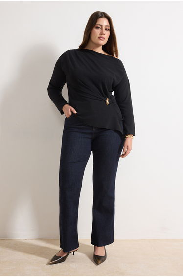 Black Gold Accessory Asymmetric Collar Long Sleeve Woven Plus Size Blouse