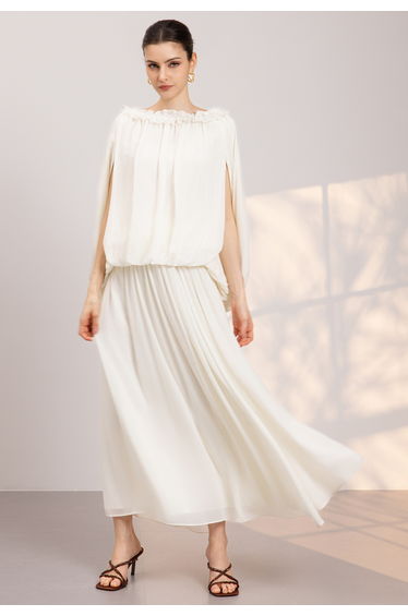 Ruffled Neck Cape-Style Chiffon Top and Maxi Skirt Set in Cream for Wedding Guest & Evening Events