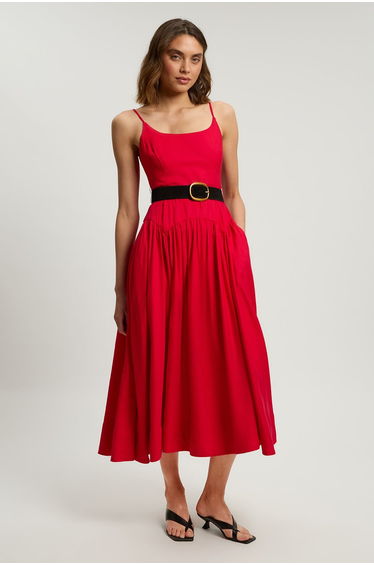 Petite Viscose Linen Belted Drop Waist Woven Midi Dress
