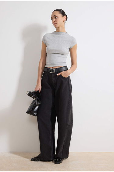 Grey Melange Fitted/Fitted Mock Neck Short Sleeve Premium Soft Knitted Blouse