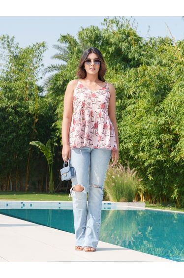 Floral Printed Pure Cotton Strappy Peplum Top