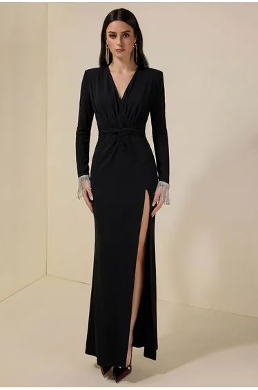 Rhinestone Jersey Split Midi Dress