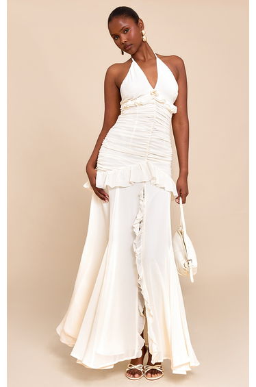 Cream Ruched Frill Halterneck Maxi Dress