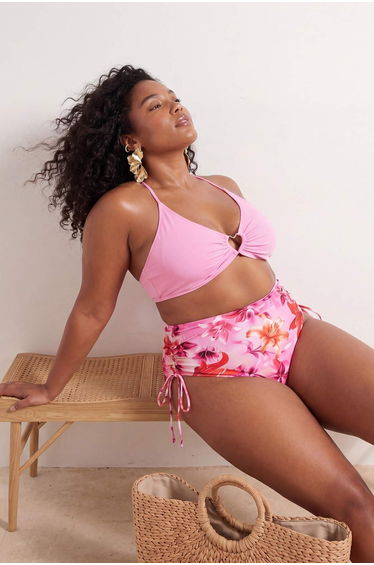 Pink Floral Patterned Large Size Bikini Bottom with Tie Detail on the Sides