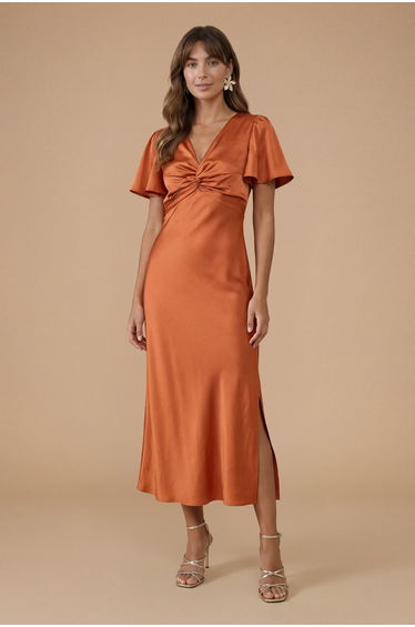 Rust Satin Twist Front Angel Sleeve Midi Bridesmaid Dress