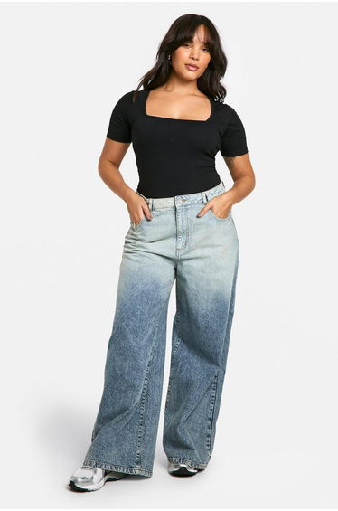 Plus Cotton Square Neck Short Sleeve Bodysuit - black