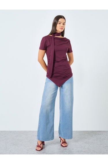 Burgundy Knit Top with Tie Neck Detail