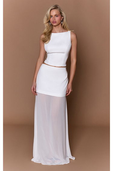White Woven Hem Detail Chiffon Maxi Skirt