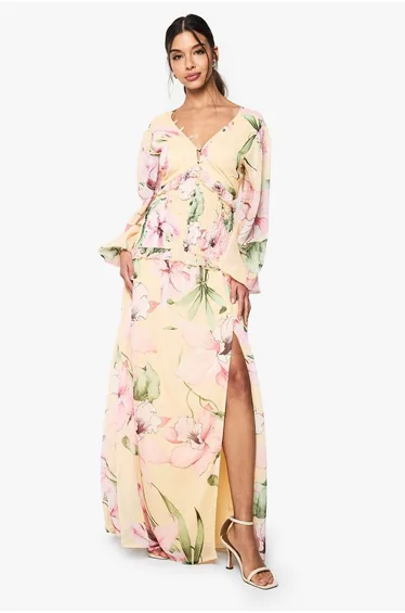 Floral Chiffon Long Sleeve Pleated Waist Maxi Dress - cream