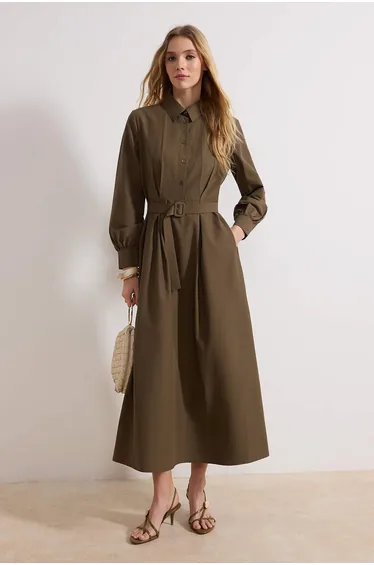 Khaki Shirt Collar Fabric Belted Woven Dress