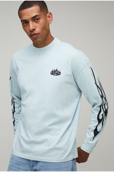 Washed Blue Oversized Flame Print Long Sleeve T-Shirt - washed blue