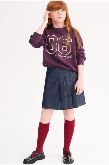 Printed Fleece Sweatshirt with Embroidery and Crew Neck