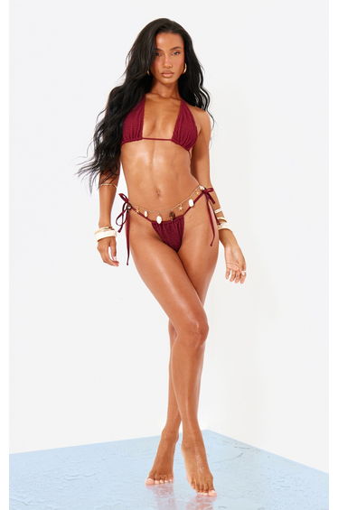 Wine Shirred Tie Side Bikini Bottoms