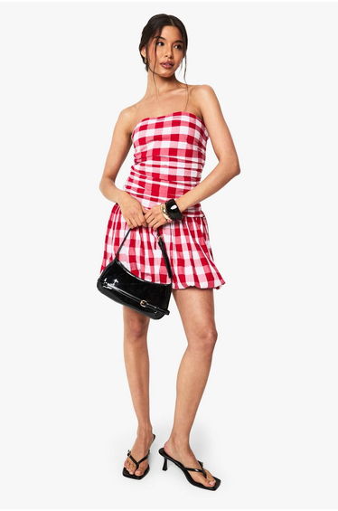 Gingham Puffball Bandeau Mini Dress - red
