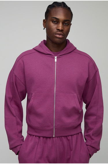 Shrunken Boxy Premium Interlock Zip Through Hoodie - mauve