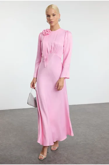 Pink Rose Detailed Special Day Woven Satin Evening Dress